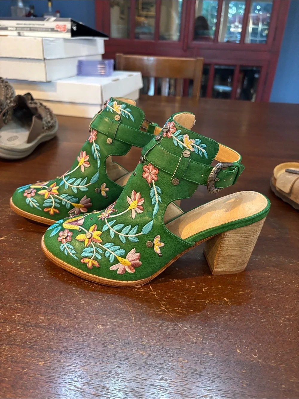 Embroidered Green Floral Ankle Boots - Women